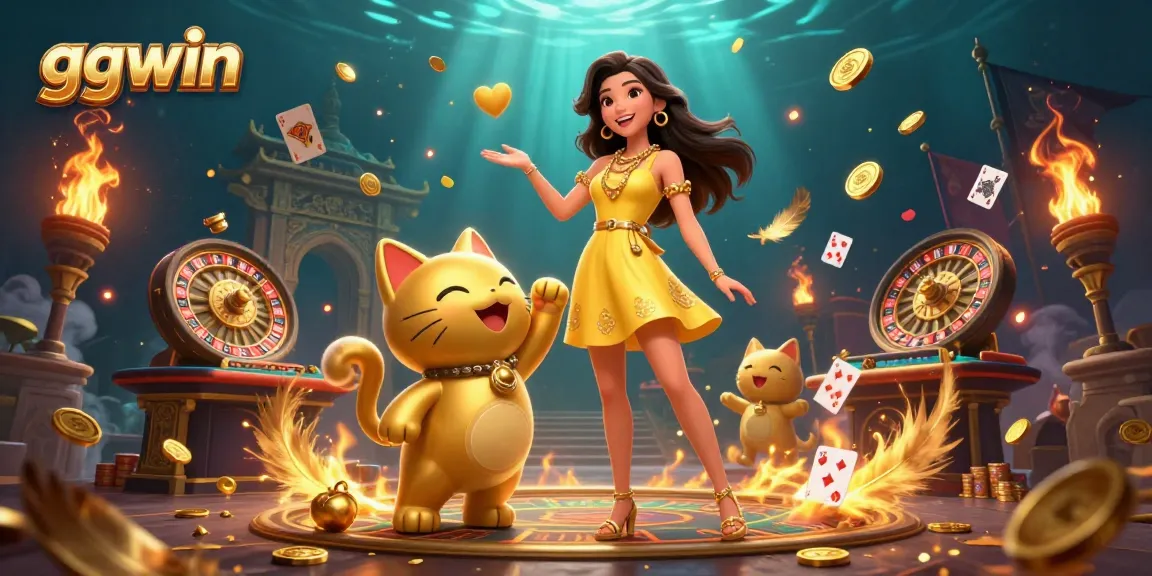 Spin to win at ggwin as a cheerful woman interacts with a golden lucky cat amid vibrant casino elements and gold.