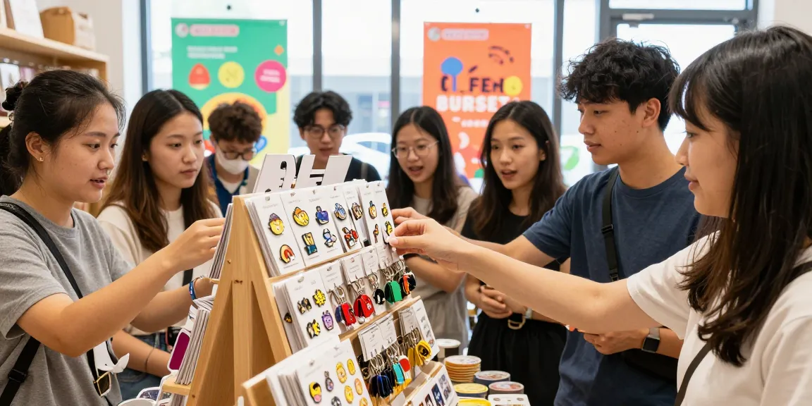 Shop display of custom enamel pins with customers exploring vibrant designs in a lively retail setting.