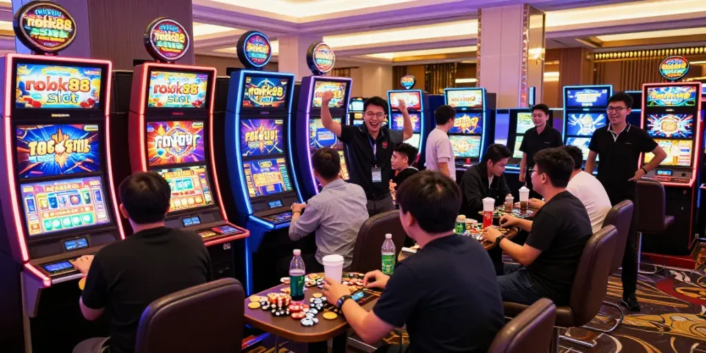 Exciting gaming scene with players at rokok88 slot machines in vibrant casino atmosphere.