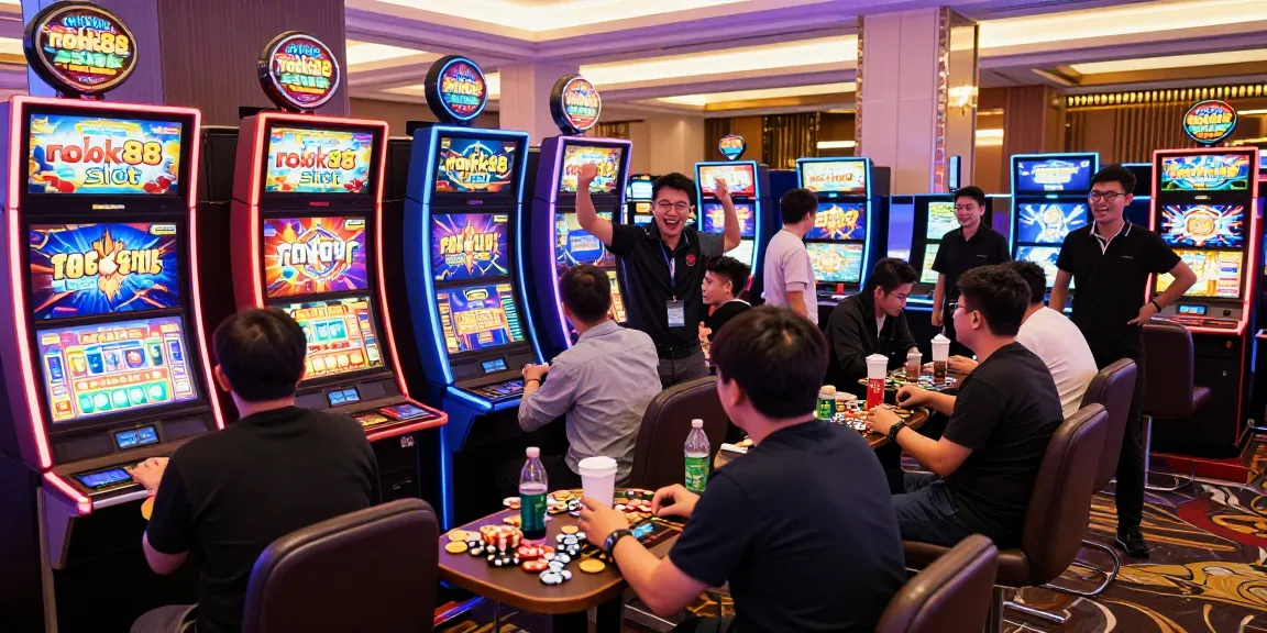 Exciting gaming scene with players at rokok88 slot machines in vibrant casino atmosphere.