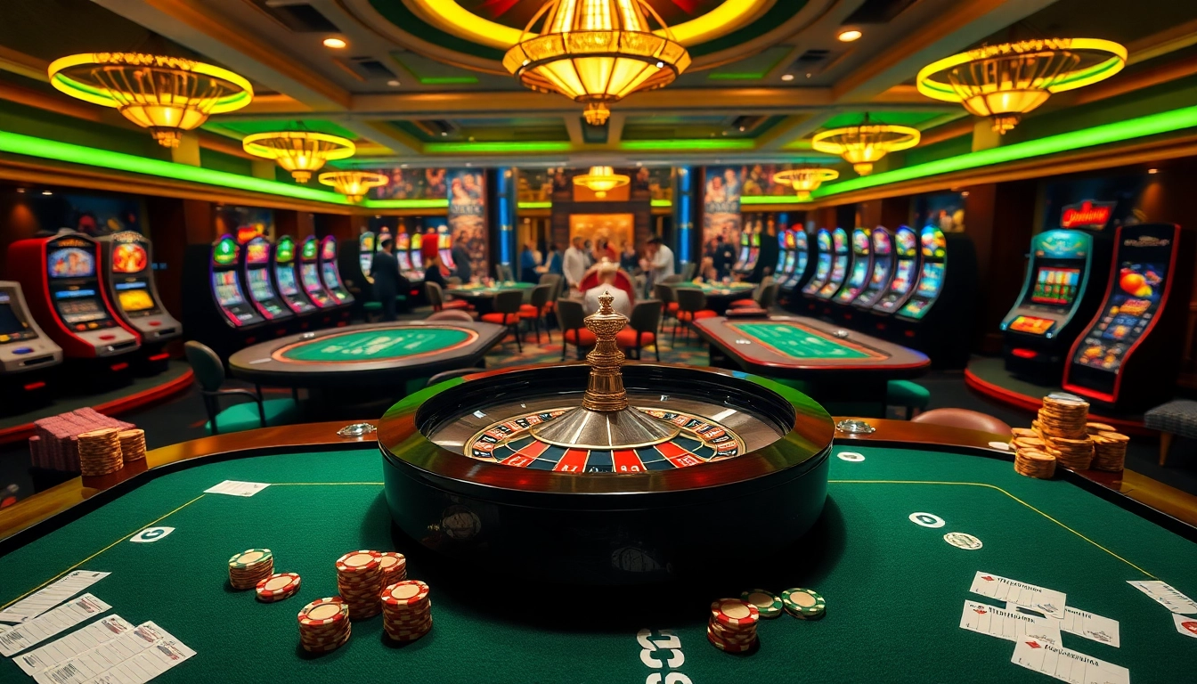 WALA88 casino scene with roulette wheel and poker tables in a vibrant, luxurious setting.