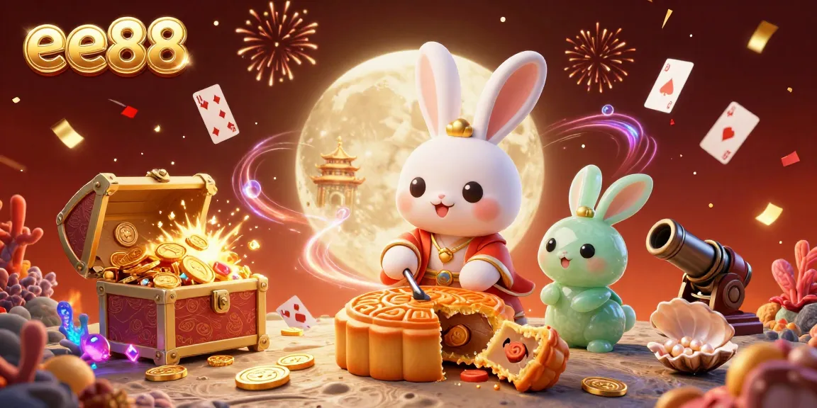 Play exciting casino games at ee88 with vibrant 3D visuals of a moon rabbit and poker chips.