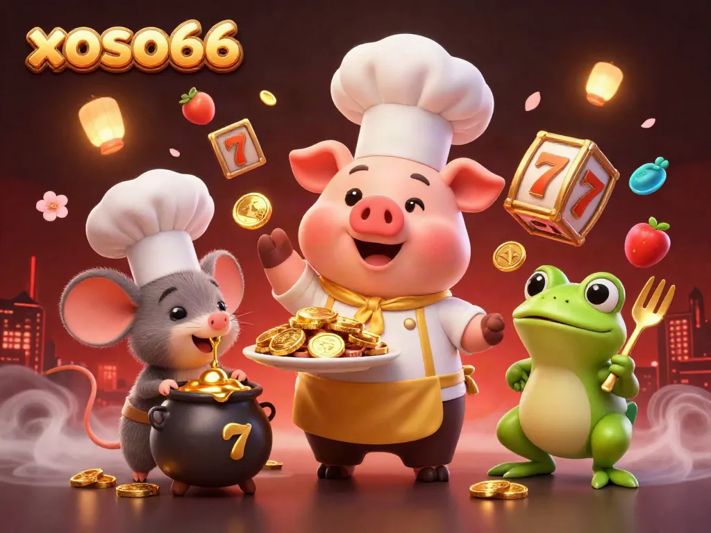 Engage with xoso66's vibrant casino scene featuring characters enjoying gold coins and slot reels.