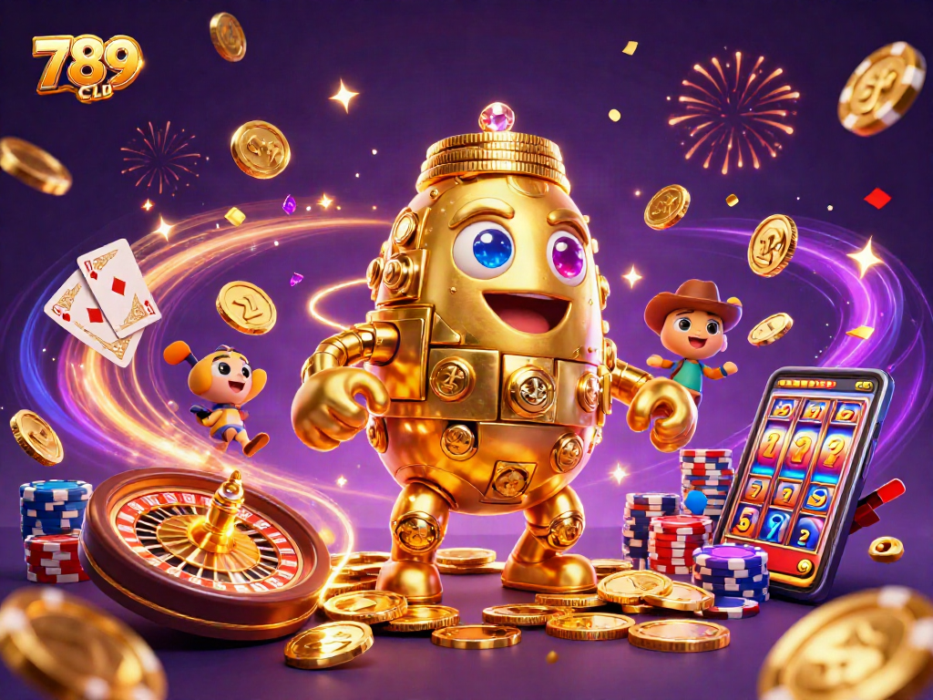 Spin the reels with 789CLUB's animated golem and vibrant casino elements in a dynamic illustration.