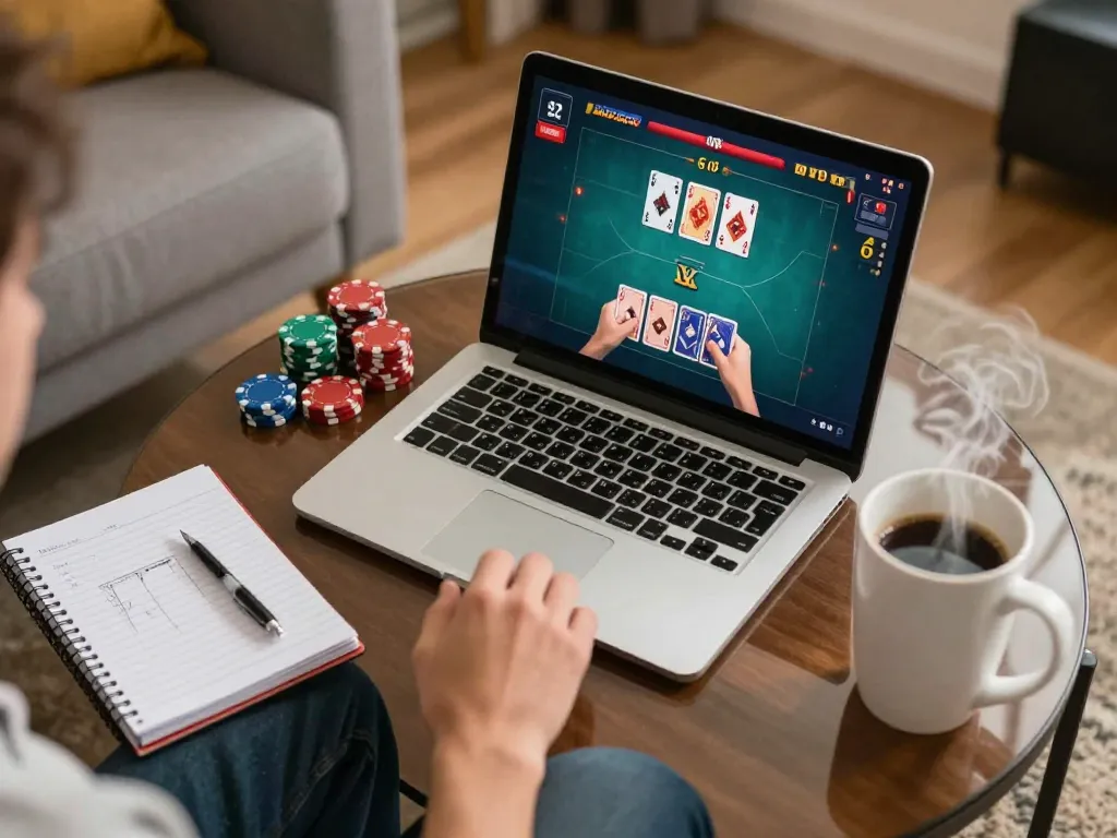 Engaged player using laptop for online poker at https://go8.onl/, showcasing dynamic gameplay with strategy notes.