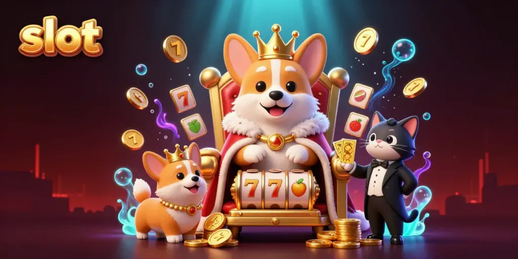 Experience thrilling slot action with a royal corgi and sparkling golden elements in this vibrant illustration.