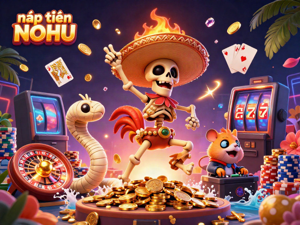 Boost your excitement while nạp tiền NOHU with this vibrant casino illustration featuring golden coins and lively characters.