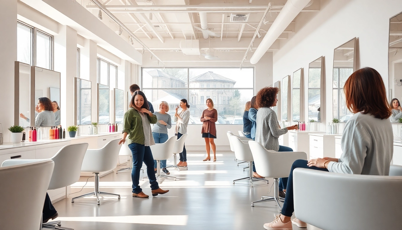 Inviting hair salon scene with hairstylists assisting clients, embodying "frisør nær mig".