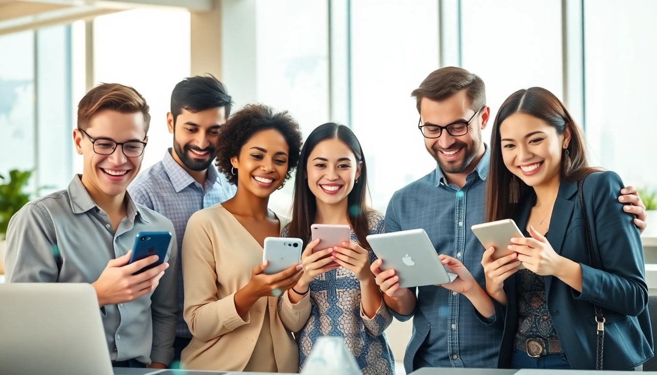 快连下载 showcases users enjoying seamless global connectivity on multiple devices in a vibrant workspace.