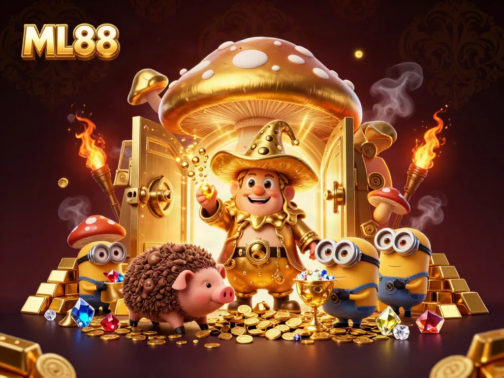 Experience the magic of ML88 with a golden wizard and treasures in this vibrant casino illustration.