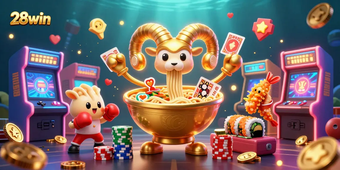Engage with 28win's vibrant online casino atmosphere featuring lively characters and colorful game elements.