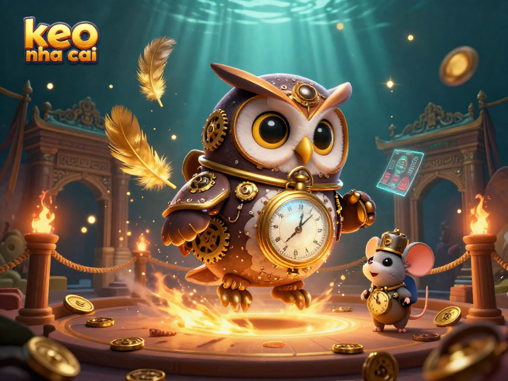 Experience the exciting world of keo nha cai with an enchanting steampunk scene, featuring a wise owl and clockwork mouse.