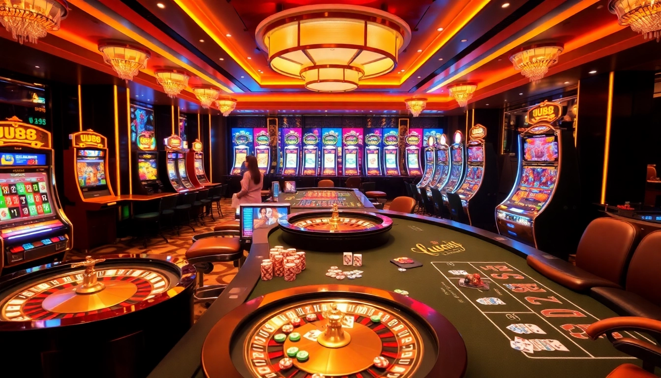 Experience the thrill of UU88 casino games with vibrant slot machines and elegant gaming tables.