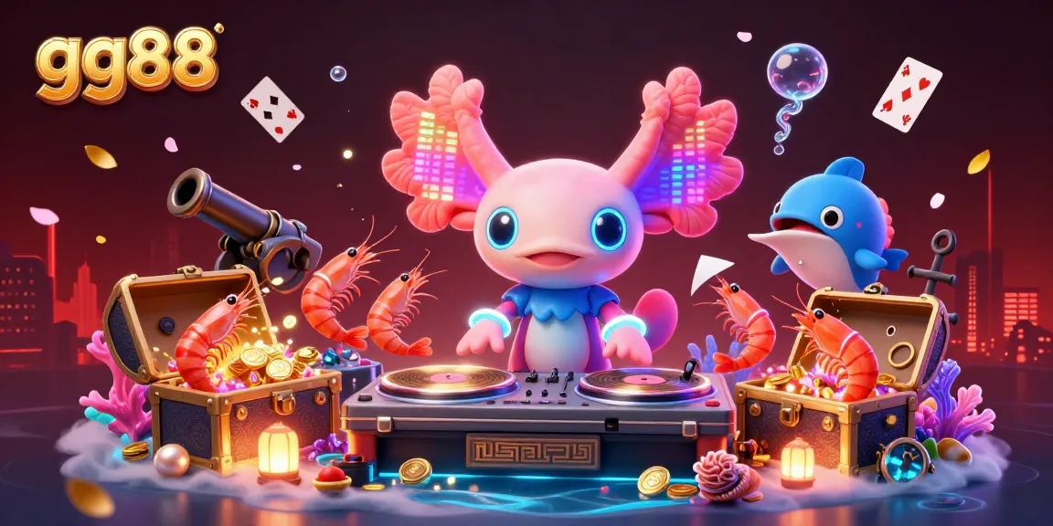 Experience vibrant gaming action with gg88's dynamic underwater casino scene featuring an axolotl DJ.