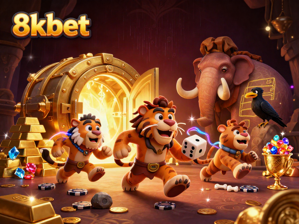 Experience the thrill of gambling at 8kbet with a vibrant prehistoric casino scene featuring exciting characters.