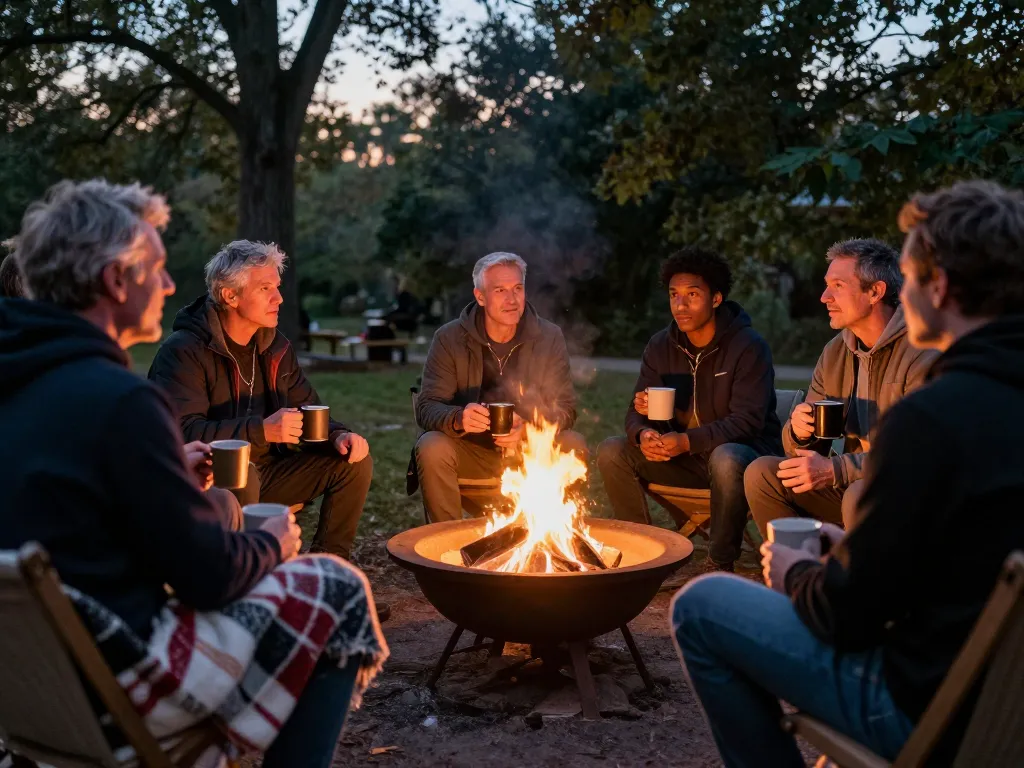 Men gathering around a cozy fire pit, embodying the spirit of a supportive man club.