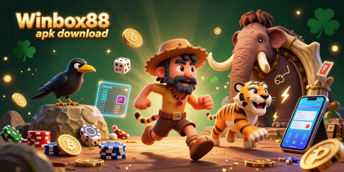 Engage with the exciting Winbox88 apk download featuring a dynamic 3D cartoon casino scene.