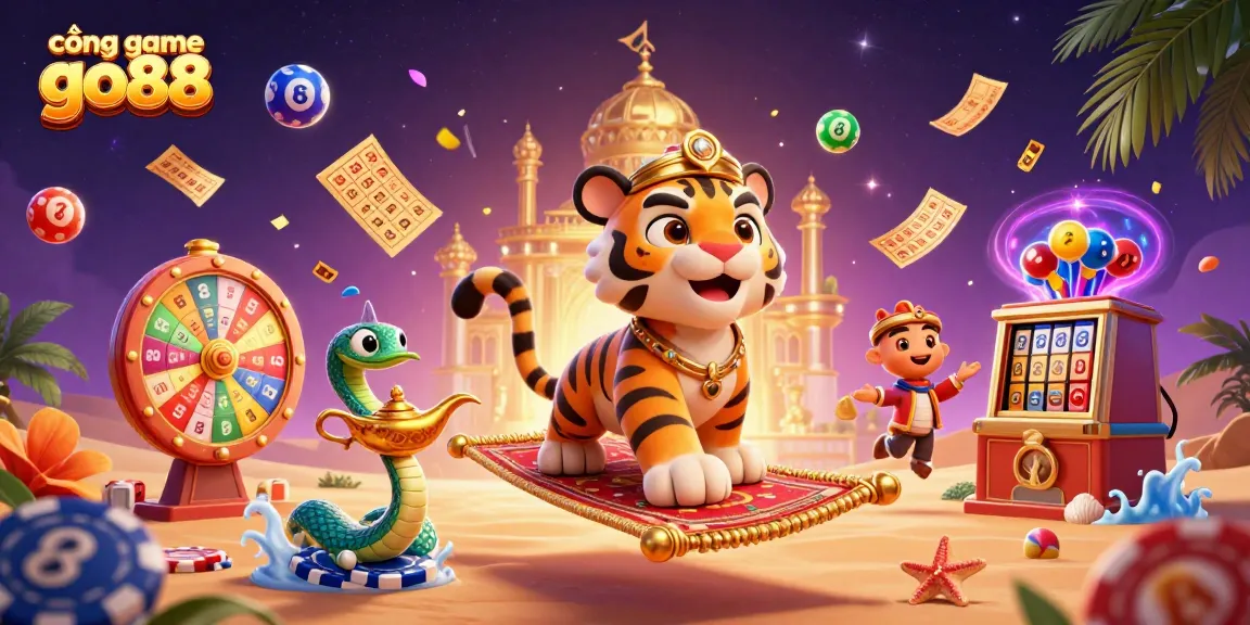 Engaging scene of cổng game go88 featuring cartoon sultan, lottery balls, and dynamic casino elements.