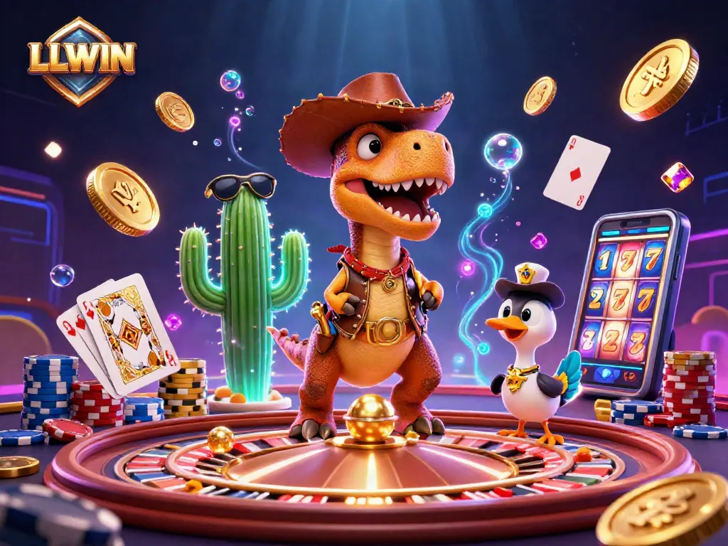 LLWIN brings excitement as a cowboy dinosaur spins the roulette and wins with vibrant casino elements.