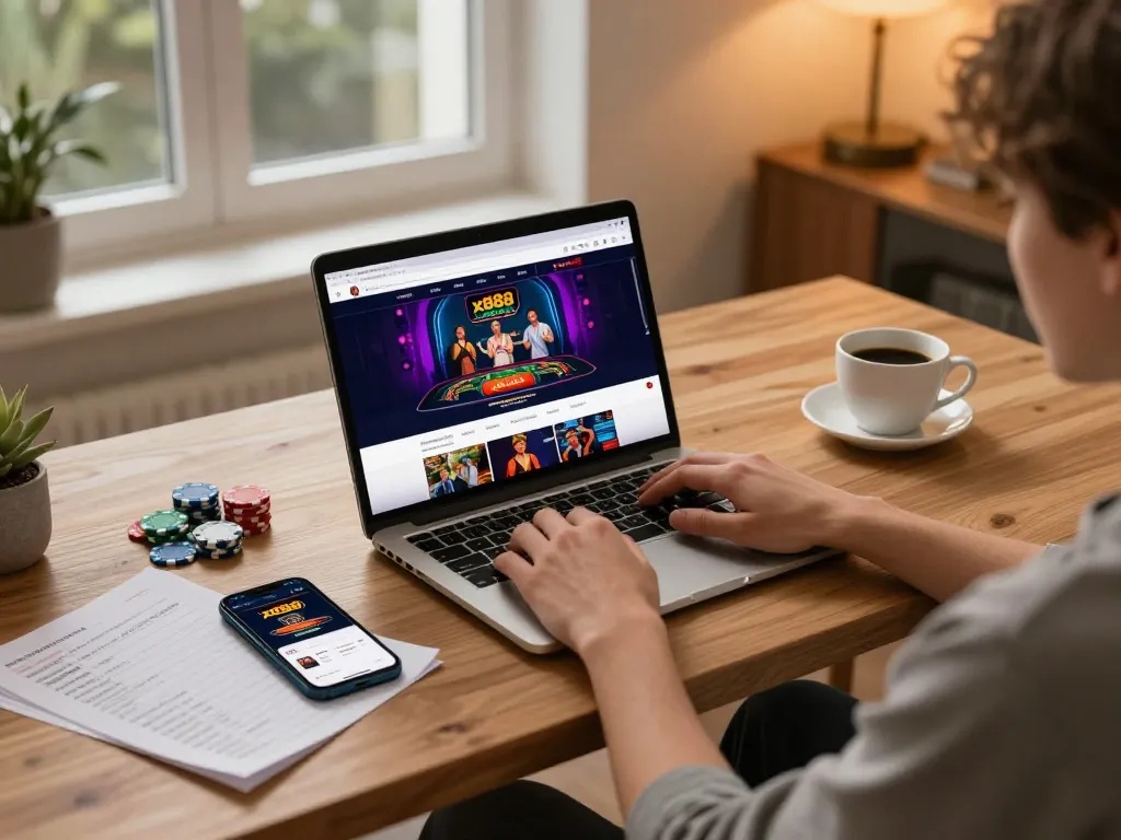 x888 player engaging in online casino gameplay with a laptop and smartphone while enjoying a cozy home atmosphere.