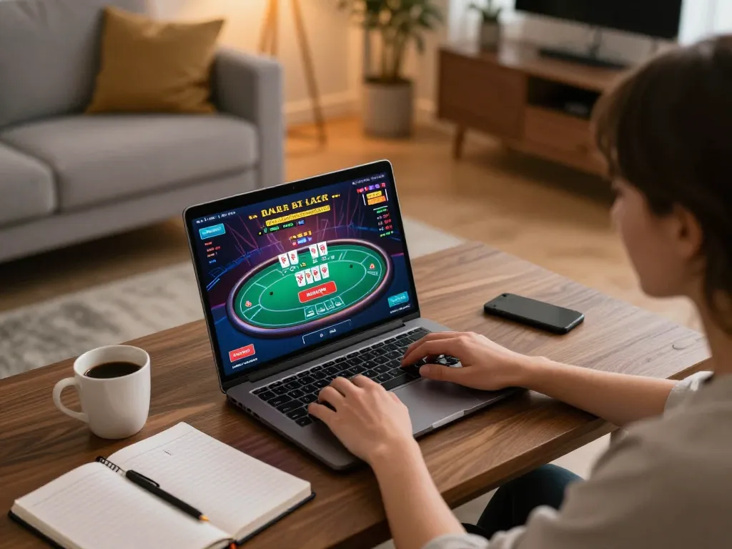 Engaging in vic88 đổi thưởng via laptop in a cozy home gaming setup with interactive poker gameplay