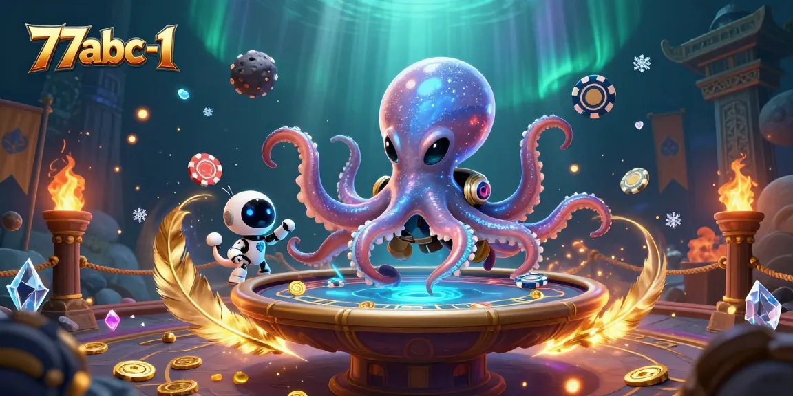 Engage in thrilling poker action at 77abc-1 with an alien octopus and robot amidst vibrant casino elements.