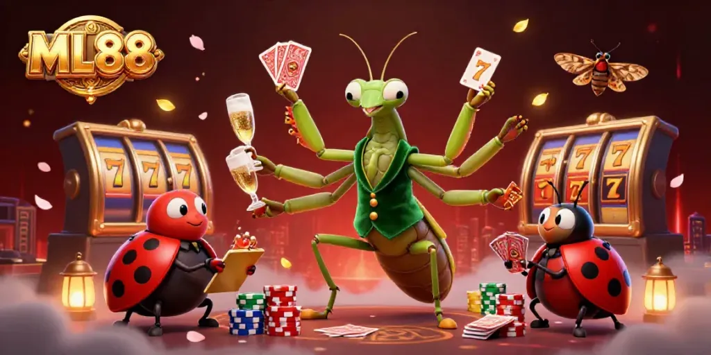 ML88 showcases a giant praying mantis card sharp and ladybug pit boss in a vibrant casino scene.