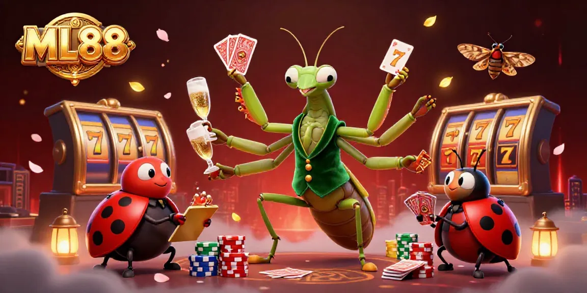 ML88 showcases a giant praying mantis card sharp and ladybug pit boss in a vibrant casino scene.