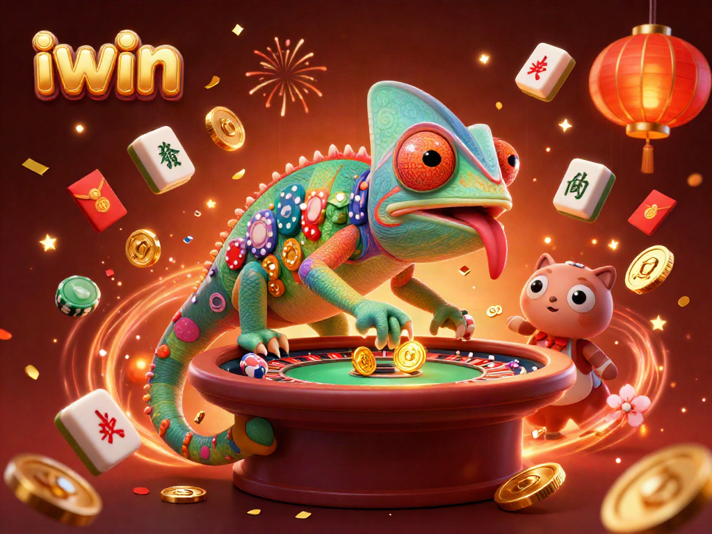 Enjoy vibrant gaming action with iwin's colorful chameleon casino owner amidst festive elements.
