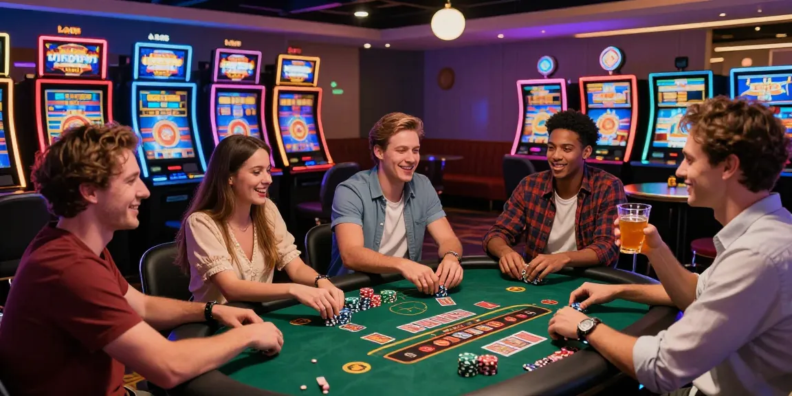 Exciting friends enjoying games at credit card casinos with vibrant lights and stylish decor.