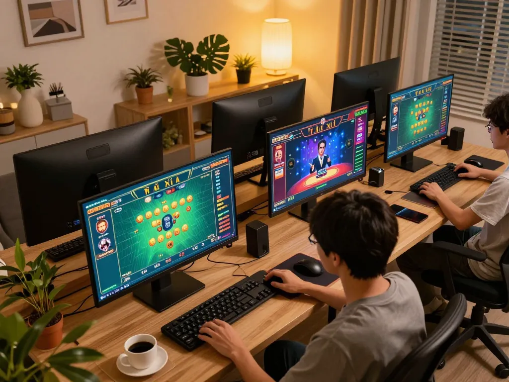 Player engaging in Tài Xỉu online gaming on multiple screens while strategizing on taixiuonlinego platform