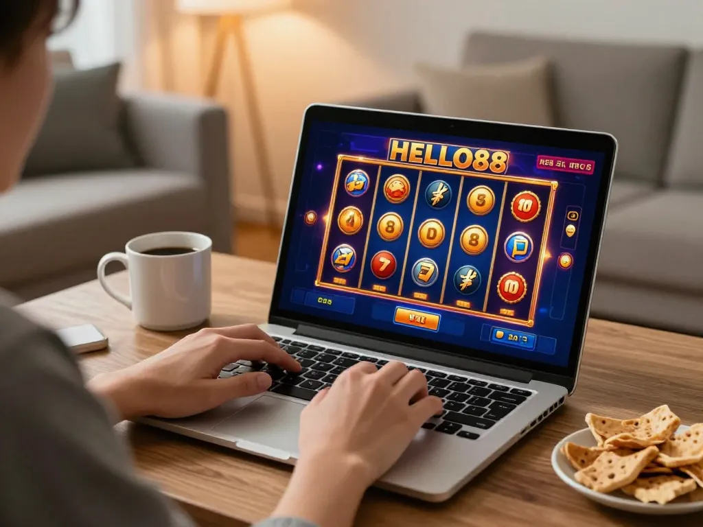 Engaging in online gaming on HELLO88, enjoying a vibrant slot machine experience at home.