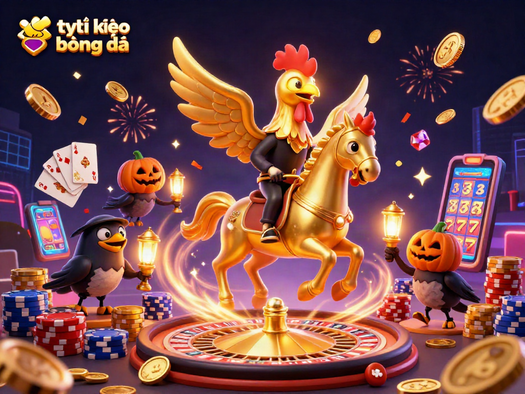 Betting odds dynamic scene featuring tỷ lệ kèo bóng đá with golden rooster and casino ambiance.