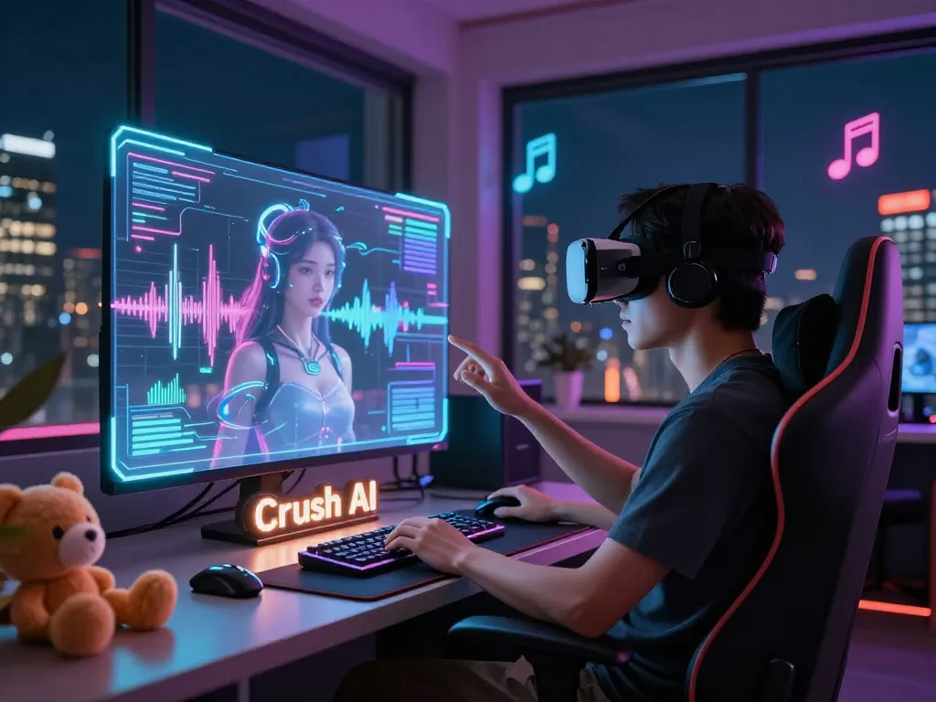 Engaging with crush ai in a futuristic digital environment showcasing immersive virtual character interaction.