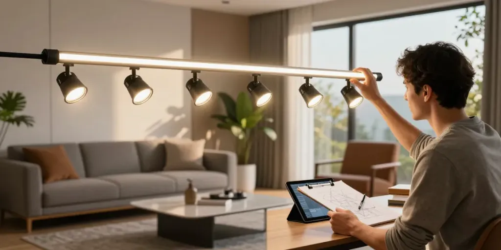 Spoturi și proiector LED pe sina magnetică în living modern.