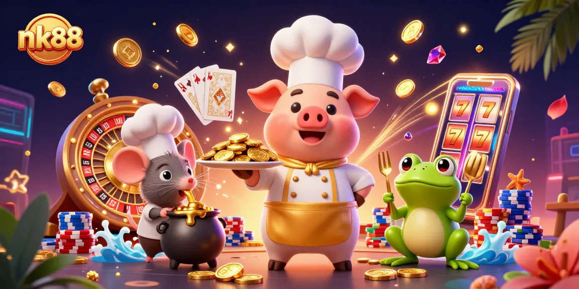Experience the thrill of nk88 with a vibrant illustration of pig chefs and sparkling casino elements.