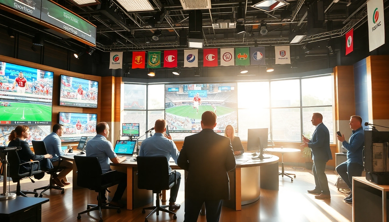 Sports Broadcasting team analyzing live matches in a vibrant studio.