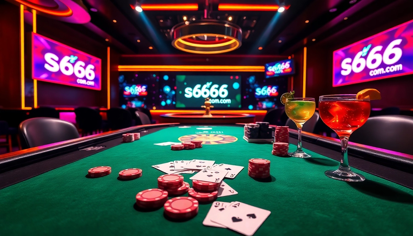 Exciting poker gameplay at s666.com with colorful chips and illuminated cards.