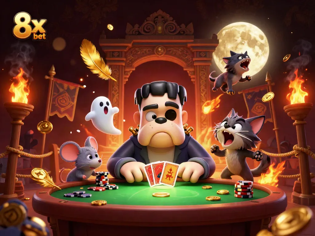 Experience exciting gaming action with 8x bet as Frankenstein bulldog deals cards at a thrilling casino scene