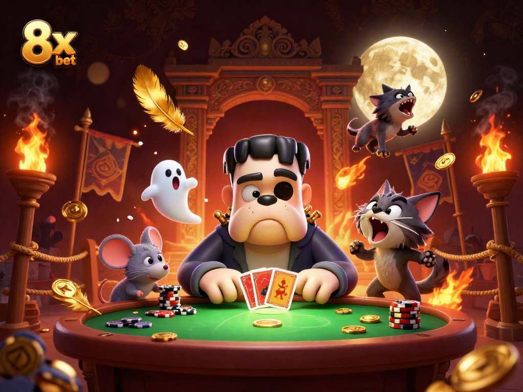 Experience exciting gaming action with 8x bet as Frankenstein bulldog deals cards at a thrilling casino scene
