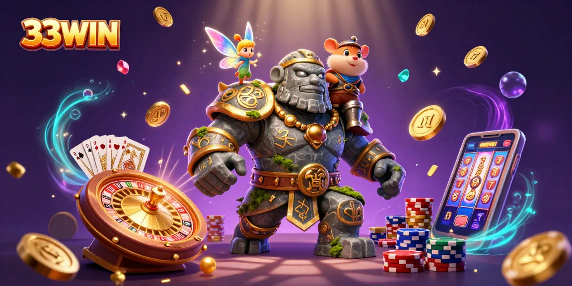 Experience the magic of 33WIN with a mystical golem guardian and fairy, surrounded by sparkling gaming elements.