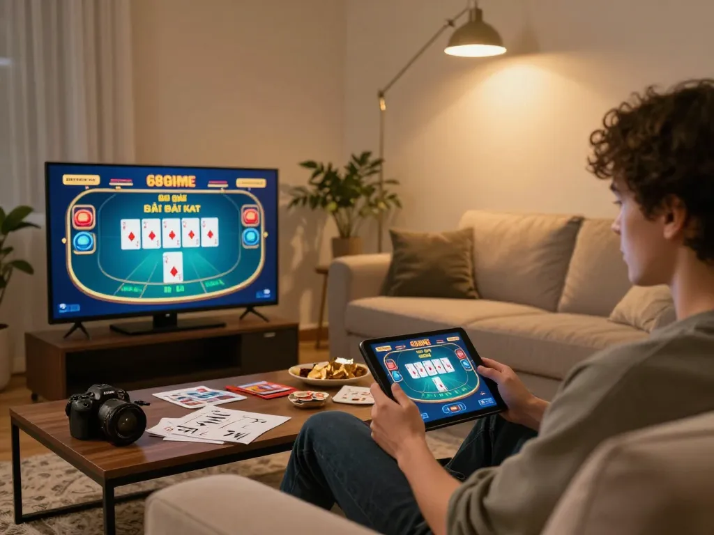 Player engaging with 68 Game Bài poker on tablet, showcasing online gaming excitement and strategy.