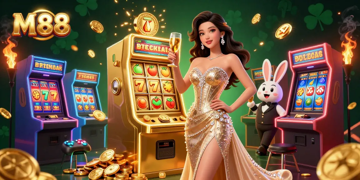 M 88 offers thrilling jackpot experiences with a glamorous woman celebrating beside a golden slot machine.