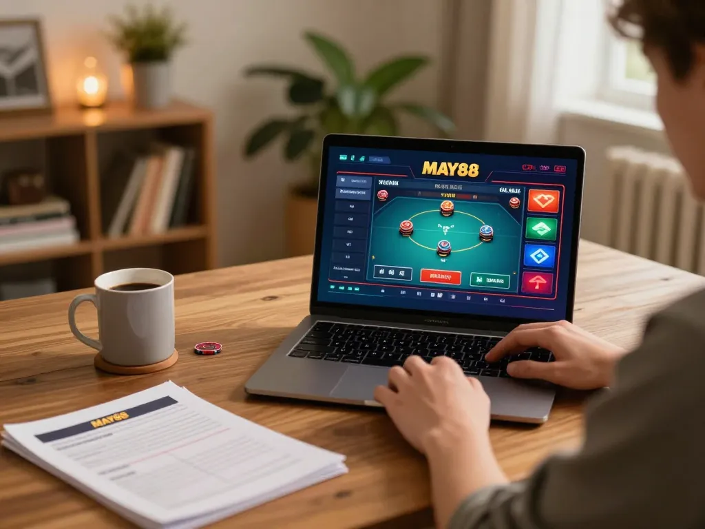 MAY88 player enjoying online poker game at home, strategic gaming environment