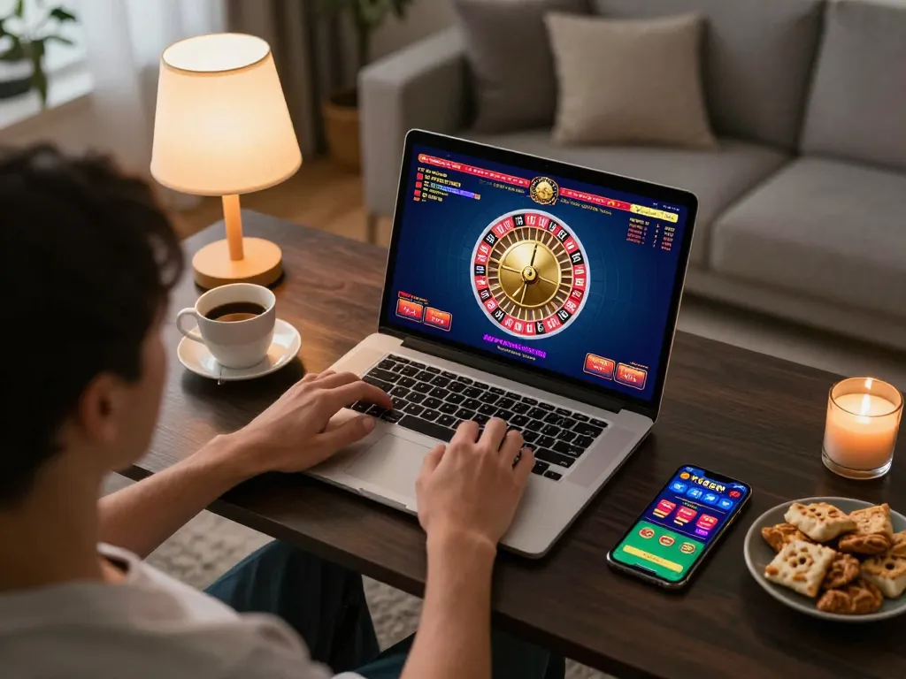 Engaged player using FIVE88M casino app on laptop while relaxing at home, showcasing online gaming with responsible practices