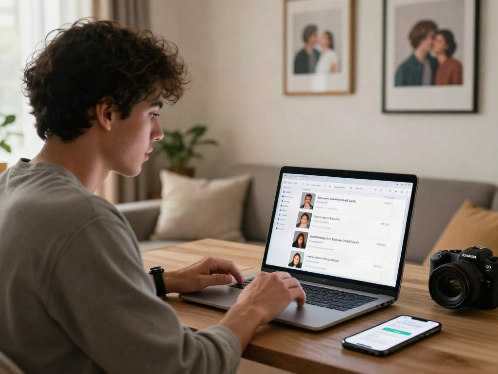 Young man crush on dating app while engaging in a cozy home setting.