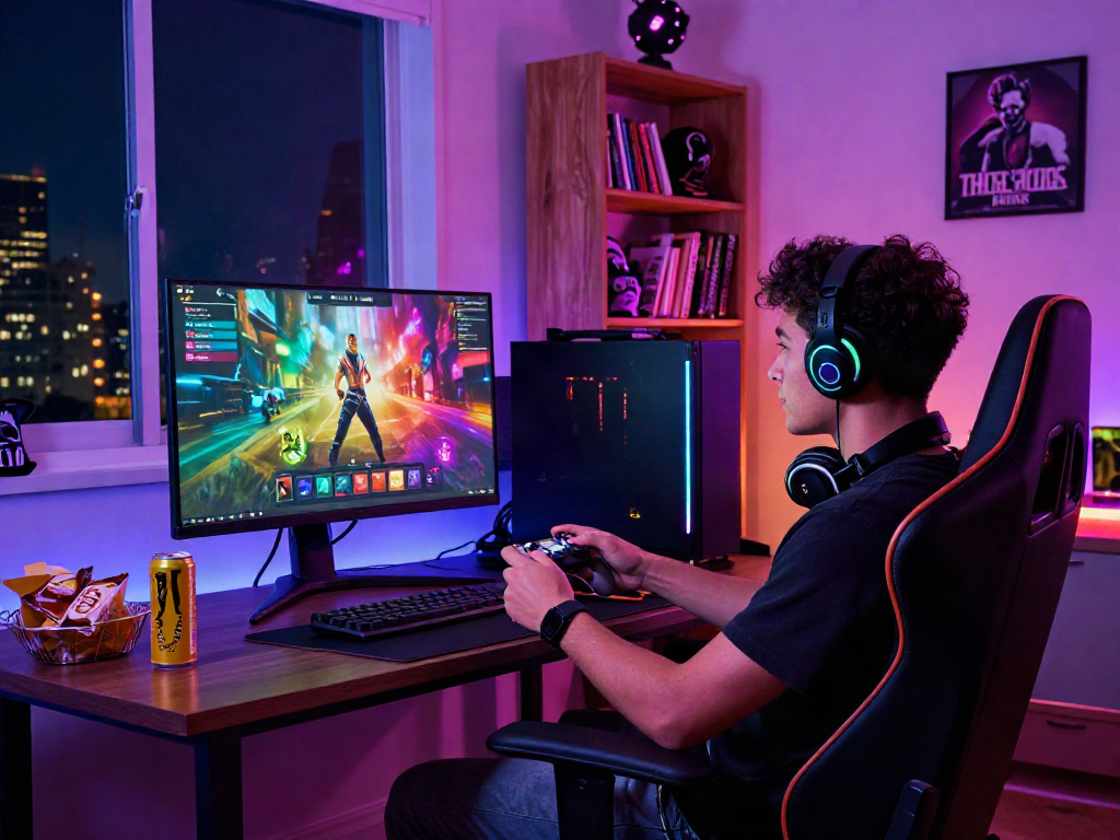 Engaging scene of a gamer absorbed in a porn game with immersive setup and vibrant RGB lighting.