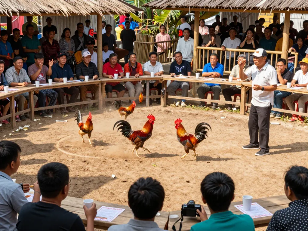 A thrilling đá gà cựa dao event with roosters battling in vibrant arena, capturing audience excitement.
