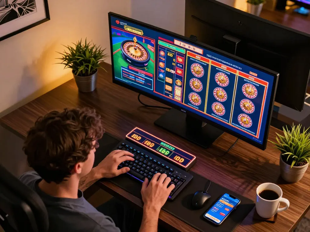 Engaging in online casino gameplay on multiple screens at home with Sunwin app visible