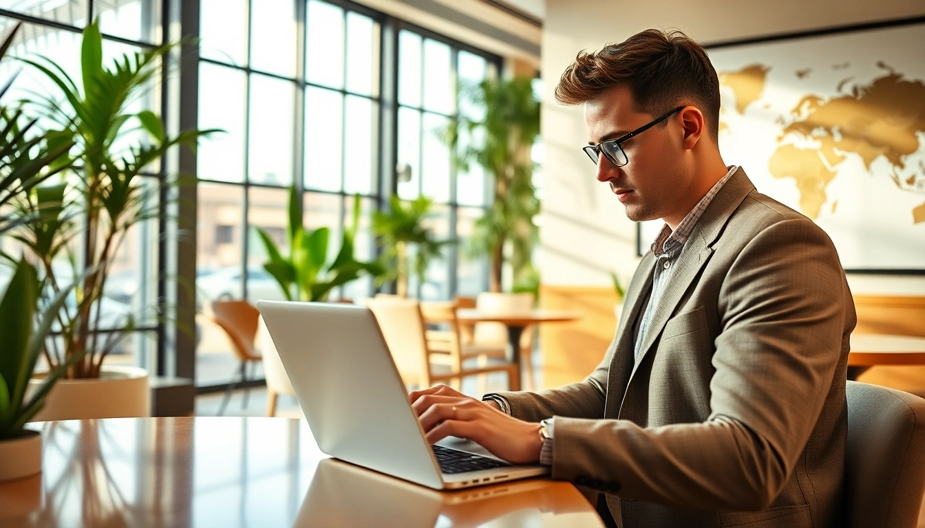 Complete the eta application uk using a laptop at a stylish café.